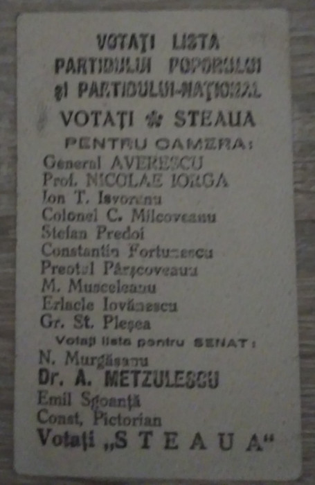 Fluturaș electoral Partidul Poporului Averescu - Partidul Național Iorga - 1930