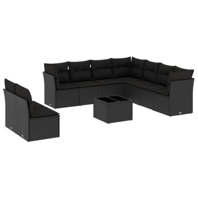 Set canapele de gradina cu perne, 10 piese, negru, poliratan foto