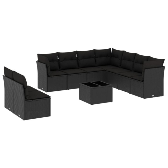Set canapele de gradina cu perne, 10 piese, negru, poliratan