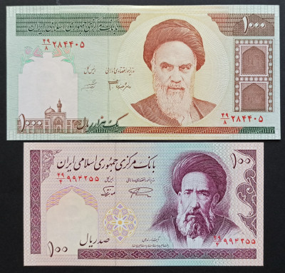 Lot 2 bancnote Iran 1000 rials 1992 si 100 Rials 1997 UNC foto
