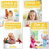 Set 4 caiete, A4 grupa mijlocie 4-5 ani: 1. Domeniul Om si Societate; 2. Domeniul Stiinte: Cunoasterea mediului; 3. Domeniul Stiinte: Matematica; 4. D