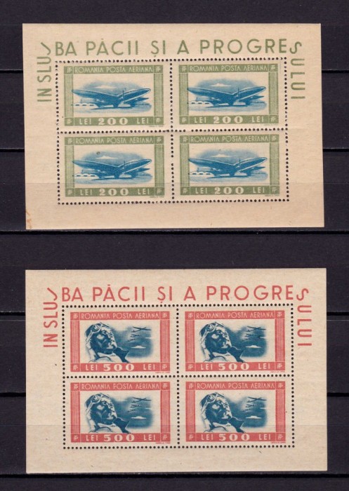 ✅RO 1946 LP 198 a &quot; Tineretul Progresist &quot; , P.A. in bloc de 4 , MNH , pata minora ( guma? ) la colt
