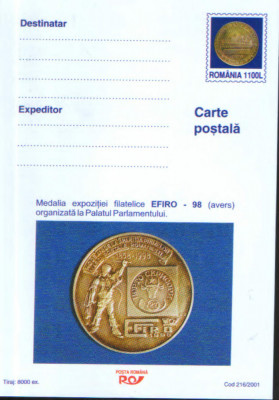 Romania - Intreg postal CP necirculat 2001- Medalia Expozitiei Filat. EFIRO 1998 foto