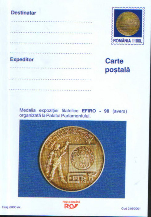 Romania - Intreg postal CP necirculat 2001- Medalia Expozitiei Filat. EFIRO 1998