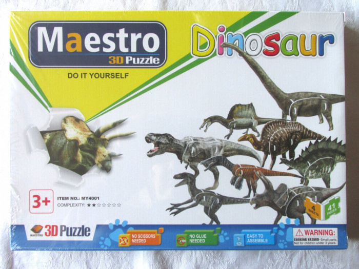 MAESTRO 3D Puzzle - Dinosaur = Puzzle 3D, 8 dinozauri, 41 piese, cutie sigilata