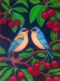 Tablou original pictat manual "Pasari pe o ramura de cires, 30x40 cm