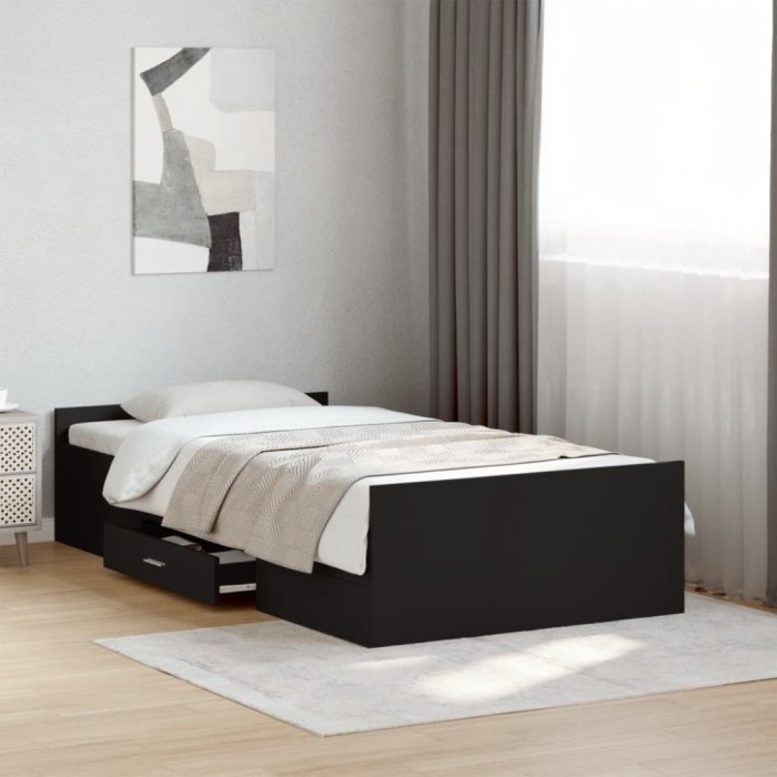 vidaXL Cadru de pat cu sertare, negru, 75x190 cm, lemn prelucrat 3280350