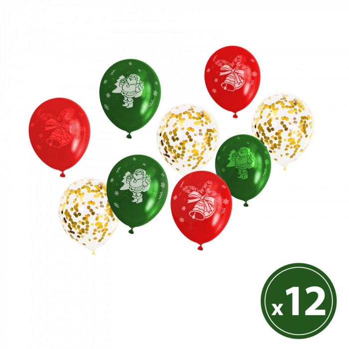 Set baloane &ndash; roșu, verde, auriu, cu motive de Crăciun &ndash; 12 piese / pachet