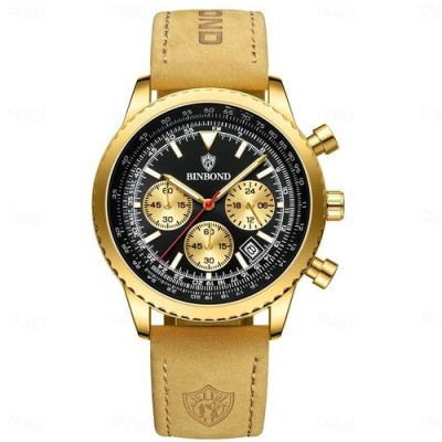 BinBond Ceas barbatesc Quartz Fashion Analog Elegant Piele Maro Auriu Negru foto