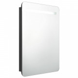 Dulap de baie oglindă și LED, negru strălucitor, 60x11x80 cm