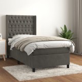 VidaXL Pat box spring cu saltea, gri &icirc;nchis, 90x190 cm, catifea