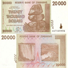 ZIMBABWE █ bancnota █ 20000 20.000 Dollars █ 2008 █ P-73 █ SERIE AA █ UNC █