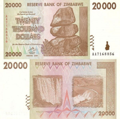 ZIMBABWE █ bancnota █ 20000 20.000 Dollars █ 2008 █ P-73 █ SERIE AA █ UNC █ foto