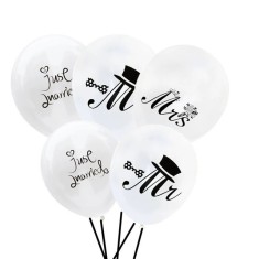 Set 10 Baloane din Latex, Cyrax, Model Party Casatorie, Mr&amp;Mrs Just Married, 2.8 g, 30 cm, Alb/Negru