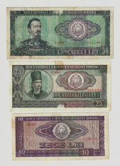 Romania, lot trei bancnote: 10 lei_25 lei_50 lei 1966_uzate foto