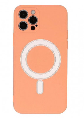 Husa iPhone 12 din silicon cu MagSafe, silk touch, interior din catifea cu decupaje pentru camere, Roz foto