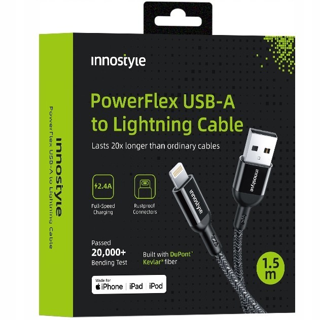 Innostyle Powerflex Usb Lightning Mfi Cablu De &Icirc;ncărcare Rapidă Pentru Iphone Kevlar 2M Negru