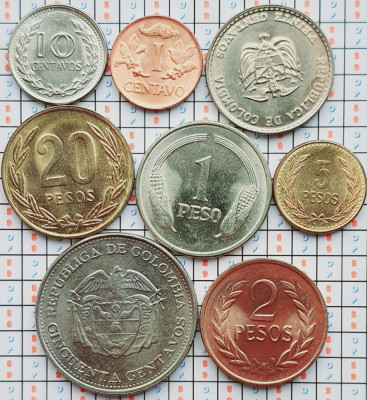 01B22 Columbia set 8 monede 1, 10, 20, 50 Centavos 1 2 5 20 Pesos 1965-1993 UNC foto