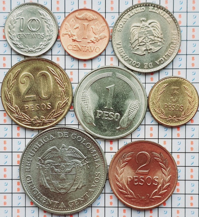 01B22 Columbia set 8 monede 1, 10, 20, 50 Centavos 1 2 5 20 Pesos 1965-1993 UNC