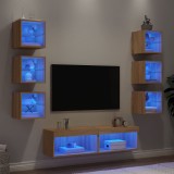 vidaXL Unități de perete TV cu LED-uri, 8 piese, stejar sonoma, lemn