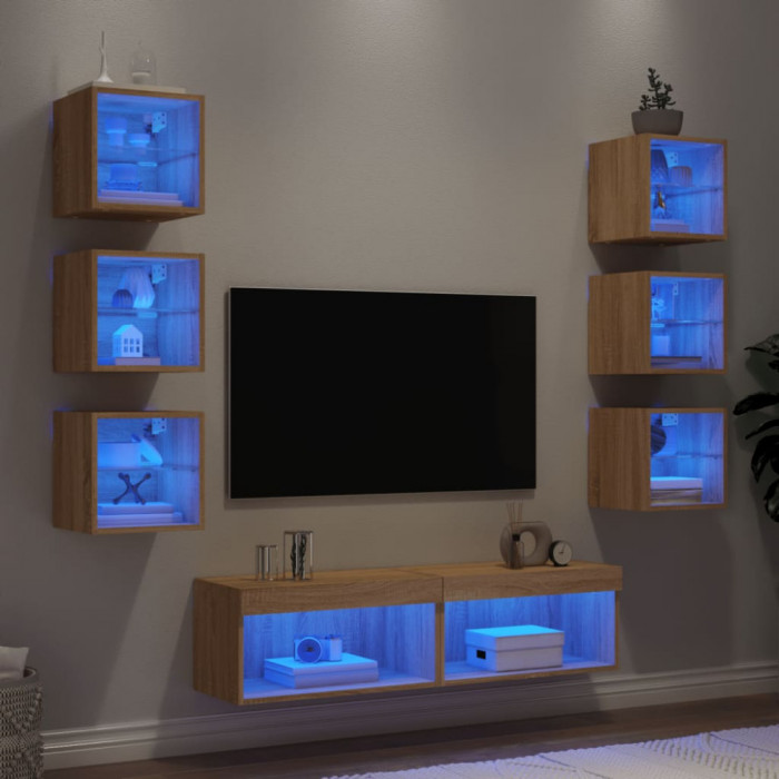 vidaXL Unități de perete TV cu LED-uri, 8 piese, stejar sonoma, lemn 3216635