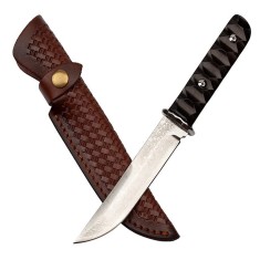 Cutit de vanatoare DEPOX&reg;, Hell Raiser, maro, 23.5 cm, otel damasc, teaca piele