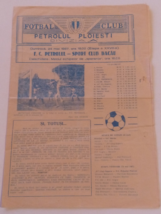 Program meci fotbal PETROLUL PLOIESTI - SC BACAU (24.05.1987)