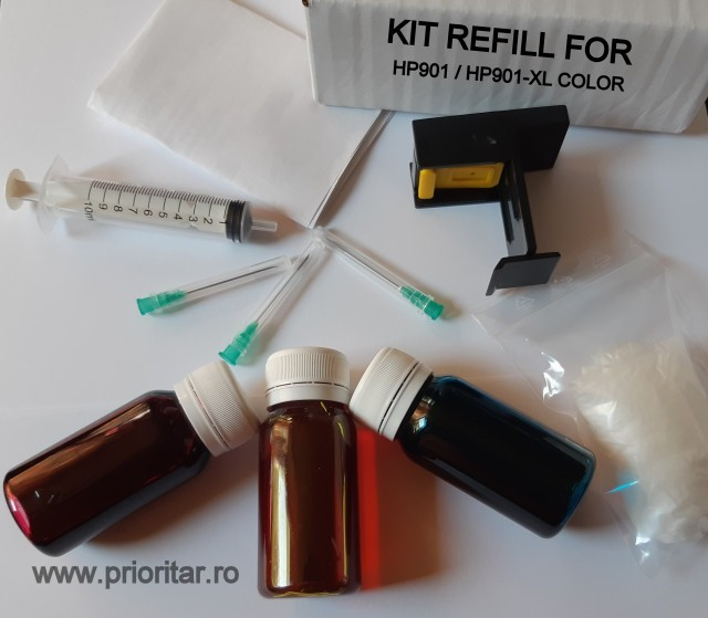 Kit refill reincarcare cartuse HP901 desfundare HP901-XL COLOR CC656AE TRICOLOR
