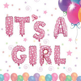 Set baloane party It&#039;s A Girl, inaltime 40 cm, material folie aluminiu, roz, Oem