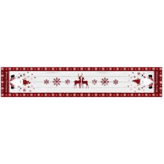 Fata de masa craciun, flippy, model 1 elfi si reni, din textil, 33x180cm, alb/rosu