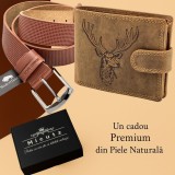 Set Cadou Barbati: Curea Piele Naturala Marco Lucci Maro + Portofel Piele Hunter. Elegant, Premium