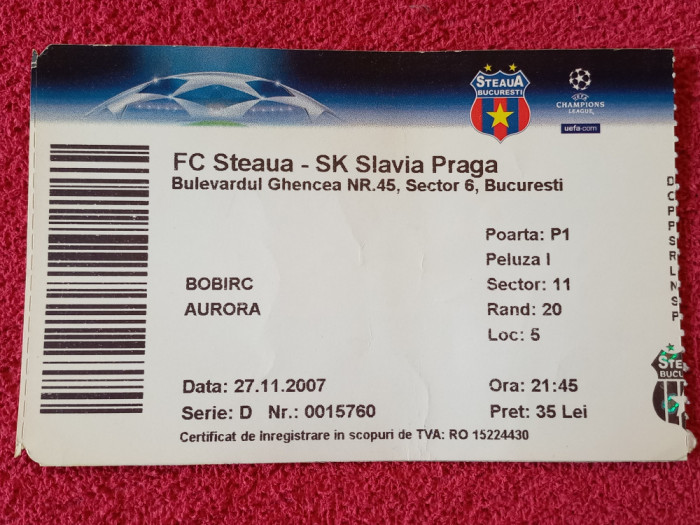 Bilet meci fotbal STEAUA BUCURESTI - SLAVIA PRAGA(Champions League 27.11.2007)