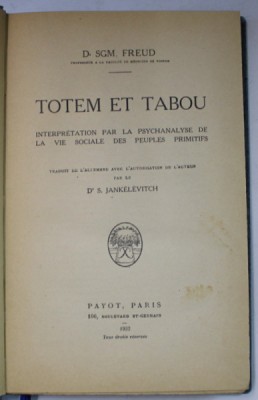TOTEM ET TABOU par Dr. SGM. FREUD , 1932 foto