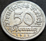 Cumpara ieftin Moneda istorica 50 PFENNIG- IMPERIUL GERMAN, anul 1921 *cod 175 = A.UNC litera E, Europa, Aluminiu