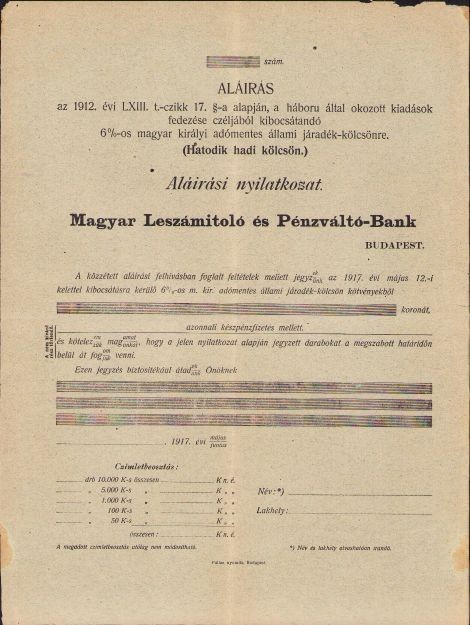 A1374 Formular subscriere, 1912, Hatodik hadi kolcson, &Icirc;mprumutul de război austro-ungar