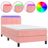 Cumpara ieftin Pat cu arcuri, saltea si LED, roz, 90x190 cm, catifea