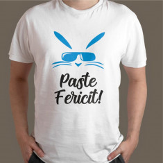 Tricou personalizat barbat "PASTE FERICIT IEPURAS CU OCHELARI", Alb, Marime XXL