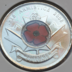Monedă 25 cents 2008 Canada, Armistice Day, unc, color, km#775