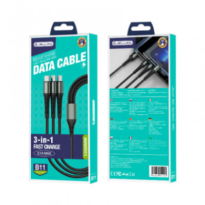 Cablu de date, JELLICO B11, 3in1 (8-pin/micro/type-c), 1.2 m, Alb, Blister foto