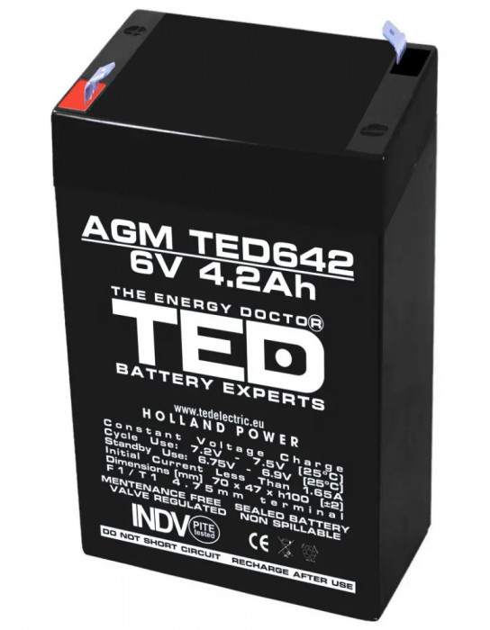 Acumulator 6V Stationar VRLA, Dimensiuni 70 x 48 x 101 mm, Baterie 6V 4.2Ah, TED Electric