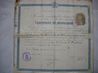 Certificat de absolvire scoala comerciala elementara 1926-1927 foto