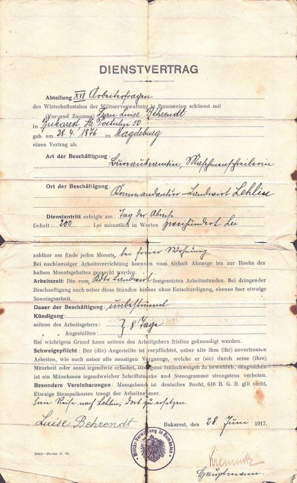 A3095N Dienstvertrag, Milit&auml;r-Verwaltung in Rum&auml;nien/Contract de angajare, Administrația militară (germană) &icirc;n Rom&acirc;nia, 1917