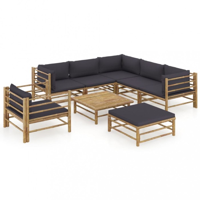 vidaXL Set mobilier de grădină cu perne gri &icirc;nchis, 8 piese, bambus 3058218