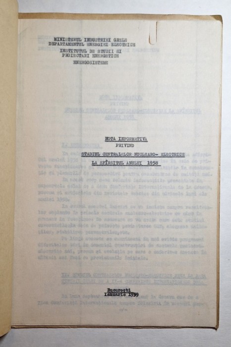 Nota informativă &bdquo;Stadiul centralelor nucleare-electrice la sf&acirc;rşitul anului 1958&rdquo; RPR, I.S.P.E.