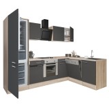 Mobilă de bucătărie de colț Yorki 280, corp din stejar sonoma, față antracit satinat cu element cuptor inferior, frigider cu dedurizator de căldură in