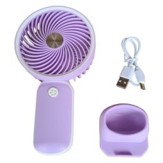Ventilator de mana, cu suport pentru telefonul mobil, incarcare USB, buton On/OFF, 3 viteze, mov/alb