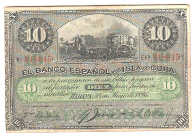 SV * Insula Cuba 10 PESOS 1896 * bancnota emisa in Spania - XF foto