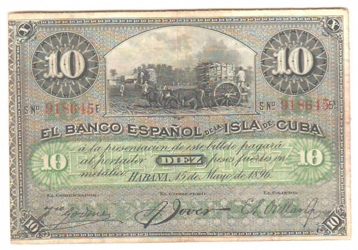 SV * Insula Cuba 10 PESOS 1896 * bancnota emisa in Spania - XF