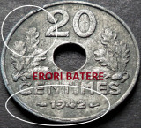 Cumpara ieftin Moneda istorica 20 CENTIMES - FRANTA, anul 1942 * cod 3863 - ERORI de BATERE, Europa, Zinc