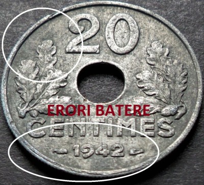 Moneda istorica 20 CENTIMES - FRANTA, anul 1942 * cod 3863 - ERORI de BATERE foto